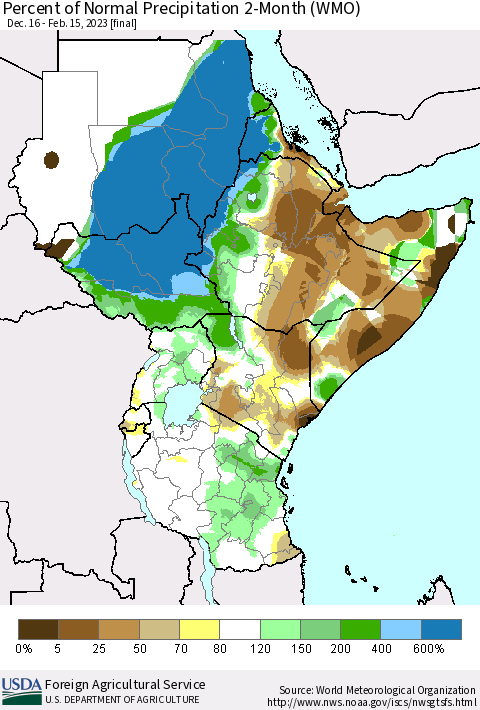 Eastern Africa Percent of Normal Precipitation 2-Month (WMO) Thematic Map For 12/16/2022 - 2/15/2023