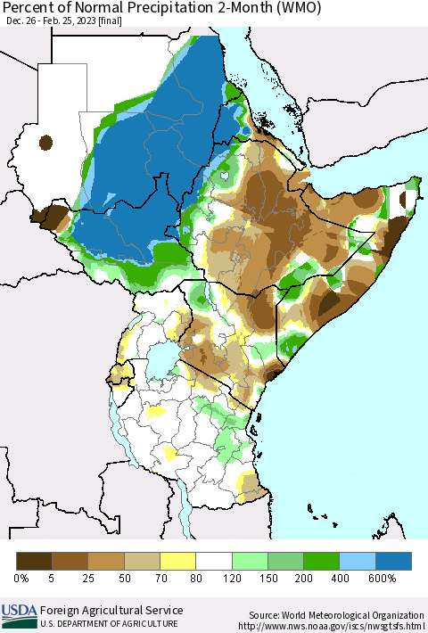 Eastern Africa Percent of Normal Precipitation 2-Month (WMO) Thematic Map For 12/26/2022 - 2/25/2023