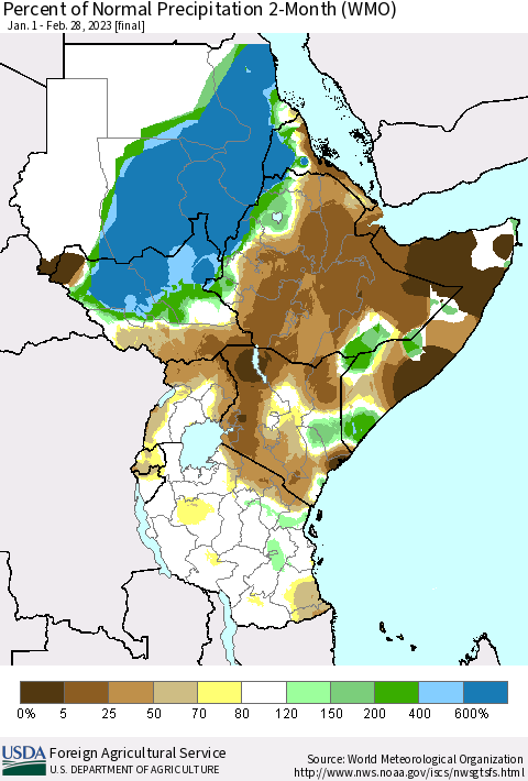 Eastern Africa Percent of Normal Precipitation 2-Month (WMO) Thematic Map For 1/1/2023 - 2/28/2023