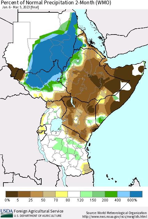 Eastern Africa Percent of Normal Precipitation 2-Month (WMO) Thematic Map For 1/6/2023 - 3/5/2023