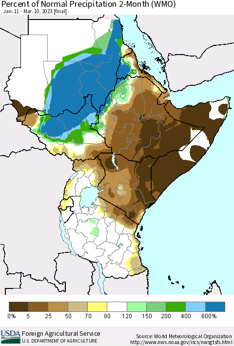 Eastern Africa Percent of Normal Precipitation 2-Month (WMO) Thematic Map For 1/11/2023 - 3/10/2023