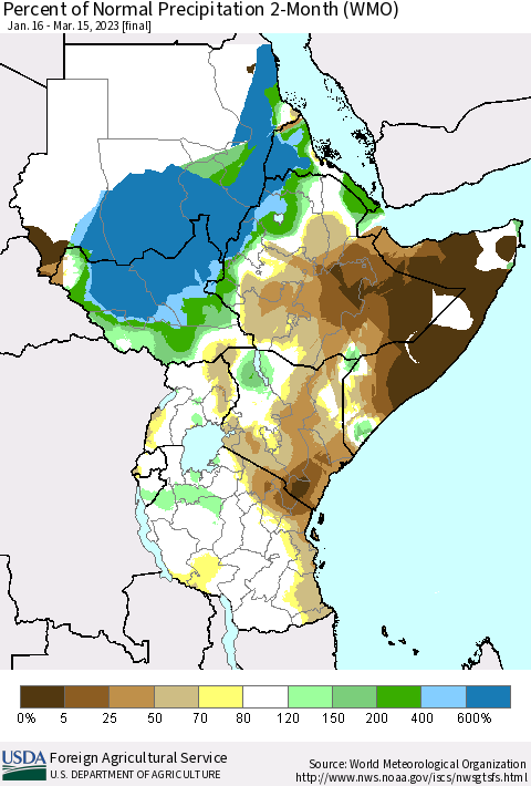 Eastern Africa Percent of Normal Precipitation 2-Month (WMO) Thematic Map For 1/16/2023 - 3/15/2023