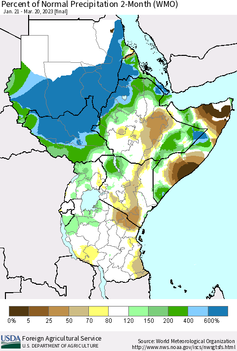 Eastern Africa Percent of Normal Precipitation 2-Month (WMO) Thematic Map For 1/21/2023 - 3/20/2023