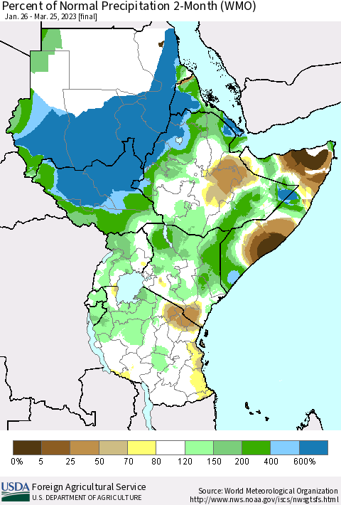 Eastern Africa Percent of Normal Precipitation 2-Month (WMO) Thematic Map For 1/26/2023 - 3/25/2023