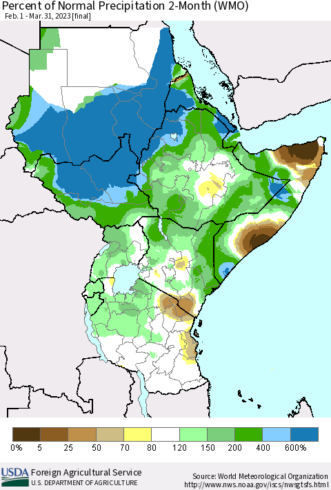 Eastern Africa Percent of Normal Precipitation 2-Month (WMO) Thematic Map For 2/1/2023 - 3/31/2023