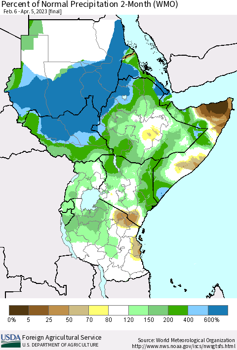 Eastern Africa Percent of Normal Precipitation 2-Month (WMO) Thematic Map For 2/6/2023 - 4/5/2023