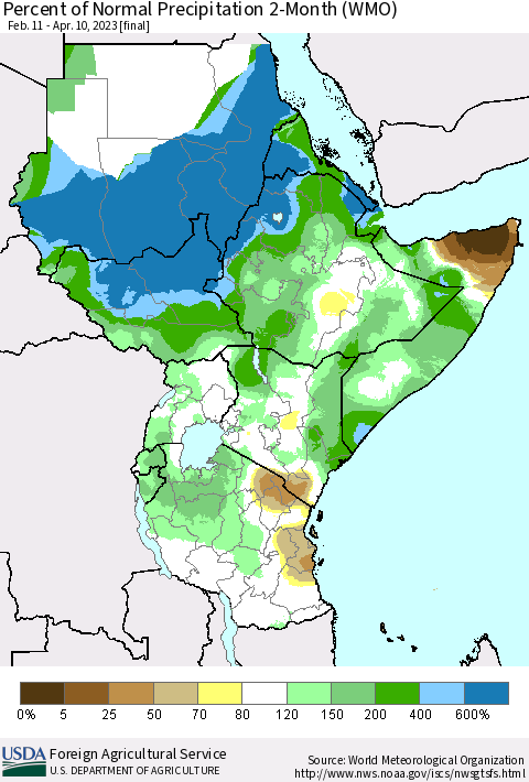 Eastern Africa Percent of Normal Precipitation 2-Month (WMO) Thematic Map For 2/11/2023 - 4/10/2023