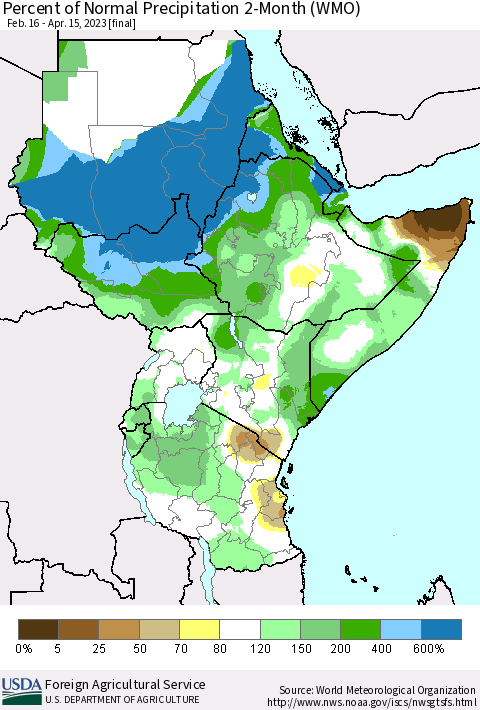 Eastern Africa Percent of Normal Precipitation 2-Month (WMO) Thematic Map For 2/16/2023 - 4/15/2023