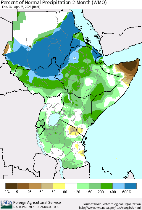 Eastern Africa Percent of Normal Precipitation 2-Month (WMO) Thematic Map For 2/26/2023 - 4/25/2023
