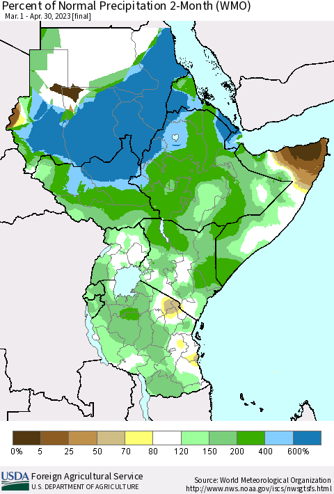 Eastern Africa Percent of Normal Precipitation 2-Month (WMO) Thematic Map For 3/1/2023 - 4/30/2023