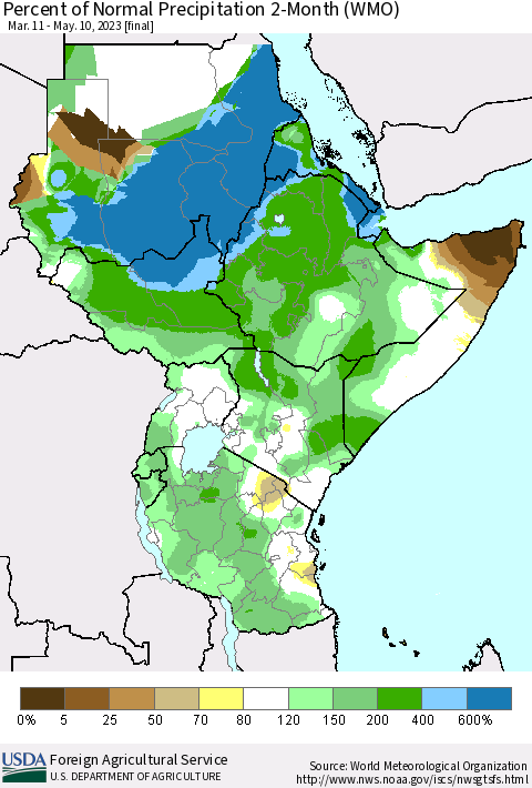 Eastern Africa Percent of Normal Precipitation 2-Month (WMO) Thematic Map For 3/11/2023 - 5/10/2023