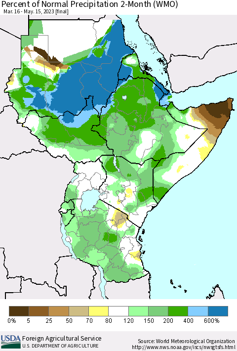 Eastern Africa Percent of Normal Precipitation 2-Month (WMO) Thematic Map For 3/16/2023 - 5/15/2023