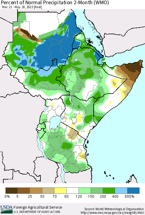 Eastern Africa Percent of Normal Precipitation 2-Month (WMO) Thematic Map For 3/21/2023 - 5/20/2023