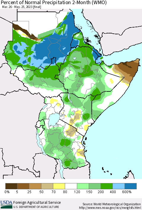 Eastern Africa Percent of Normal Precipitation 2-Month (WMO) Thematic Map For 3/26/2023 - 5/25/2023