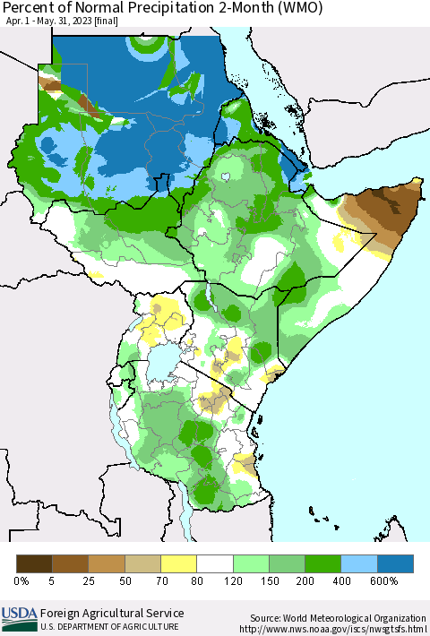 Eastern Africa Percent of Normal Precipitation 2-Month (WMO) Thematic Map For 4/1/2023 - 5/31/2023