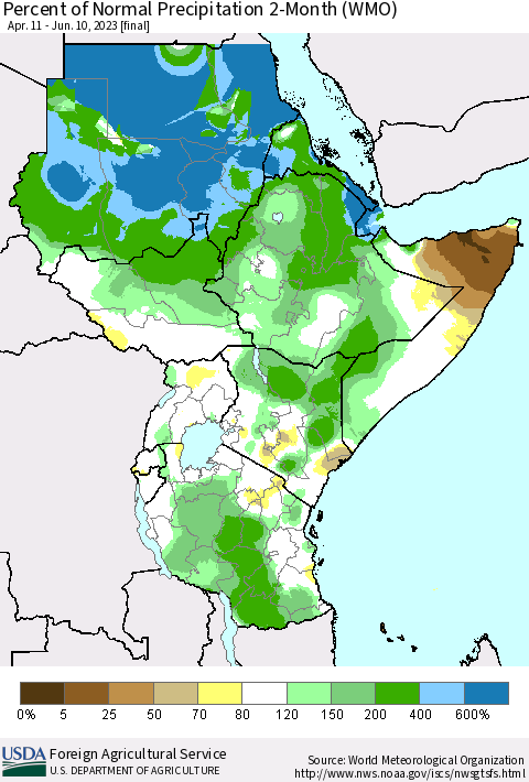 Eastern Africa Percent of Normal Precipitation 2-Month (WMO) Thematic Map For 4/11/2023 - 6/10/2023