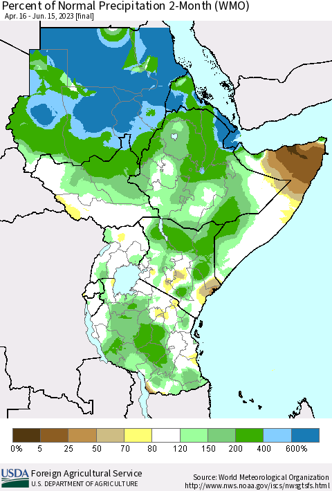 Eastern Africa Percent of Normal Precipitation 2-Month (WMO) Thematic Map For 4/16/2023 - 6/15/2023