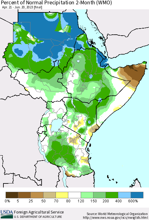Eastern Africa Percent of Normal Precipitation 2-Month (WMO) Thematic Map For 4/21/2023 - 6/20/2023