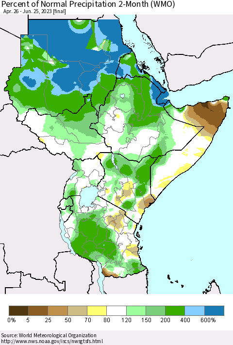 Eastern Africa Percent of Normal Precipitation 2-Month (WMO) Thematic Map For 4/26/2023 - 6/25/2023