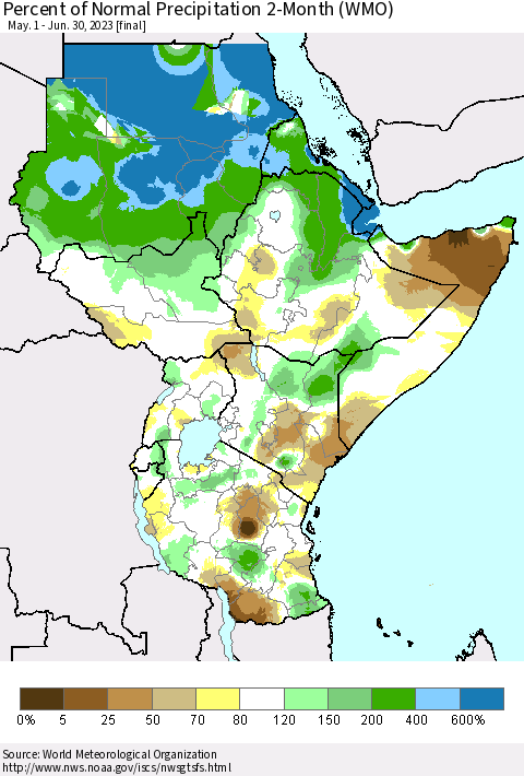 Eastern Africa Percent of Normal Precipitation 2-Month (WMO) Thematic Map For 5/1/2023 - 6/30/2023