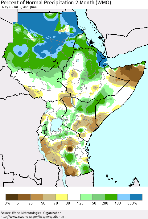 Eastern Africa Percent of Normal Precipitation 2-Month (WMO) Thematic Map For 5/6/2023 - 7/5/2023