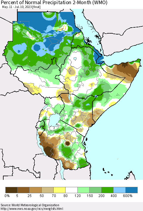 Eastern Africa Percent of Normal Precipitation 2-Month (WMO) Thematic Map For 5/11/2023 - 7/10/2023