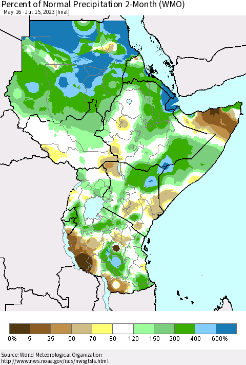 Eastern Africa Percent of Normal Precipitation 2-Month (WMO) Thematic Map For 5/16/2023 - 7/15/2023