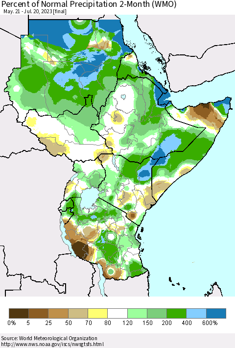 Eastern Africa Percent of Normal Precipitation 2-Month (WMO) Thematic Map For 5/21/2023 - 7/20/2023
