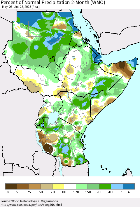 Eastern Africa Percent of Normal Precipitation 2-Month (WMO) Thematic Map For 5/26/2023 - 7/25/2023