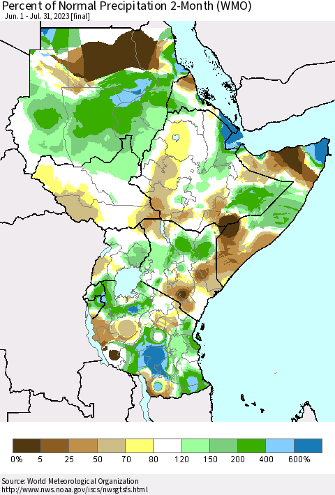 Eastern Africa Percent of Normal Precipitation 2-Month (WMO) Thematic Map For 6/1/2023 - 7/31/2023