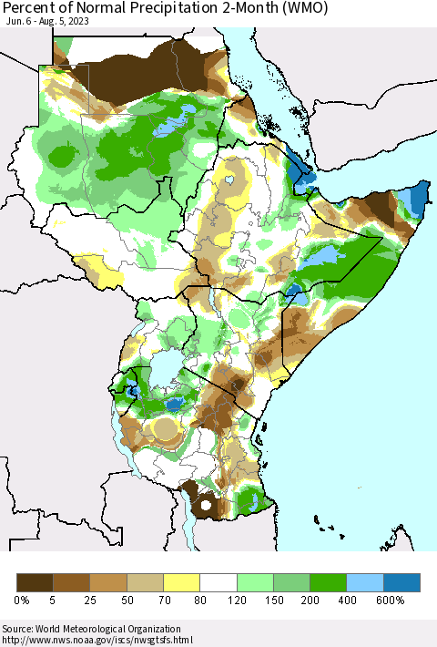 Eastern Africa Percent of Normal Precipitation 2-Month (WMO) Thematic Map For 6/6/2023 - 8/5/2023