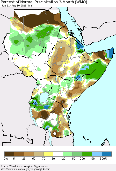 Eastern Africa Percent of Normal Precipitation 2-Month (WMO) Thematic Map For 6/11/2023 - 8/10/2023
