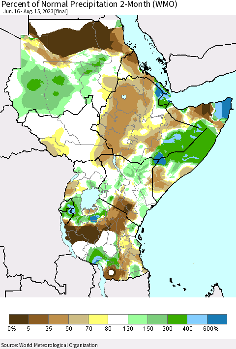 Eastern Africa Percent of Normal Precipitation 2-Month (WMO) Thematic Map For 6/16/2023 - 8/15/2023