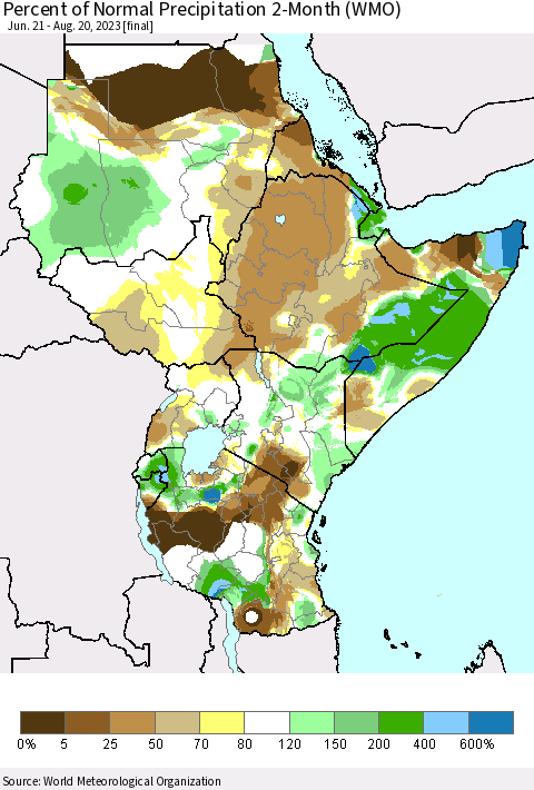 Eastern Africa Percent of Normal Precipitation 2-Month (WMO) Thematic Map For 6/21/2023 - 8/20/2023