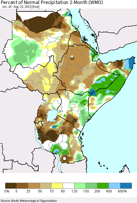 Eastern Africa Percent of Normal Precipitation 2-Month (WMO) Thematic Map For 6/26/2023 - 8/25/2023