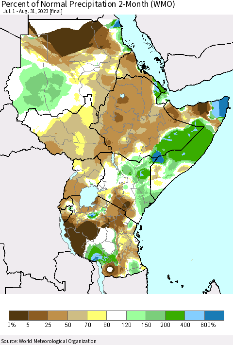 Eastern Africa Percent of Normal Precipitation 2-Month (WMO) Thematic Map For 7/1/2023 - 8/31/2023