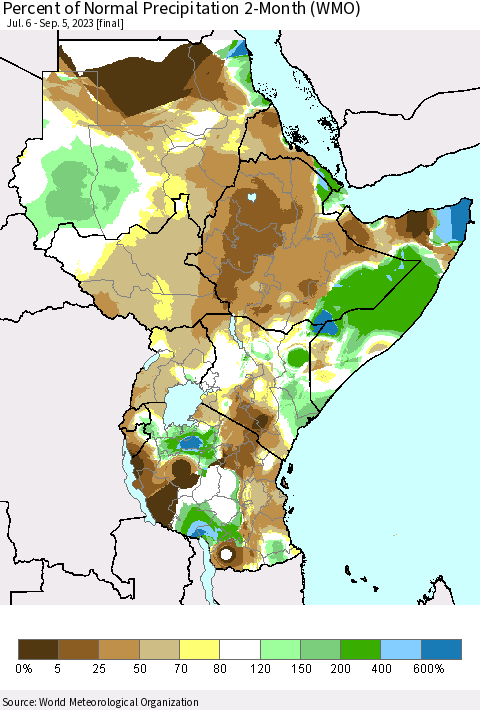 Eastern Africa Percent of Normal Precipitation 2-Month (WMO) Thematic Map For 7/6/2023 - 9/5/2023