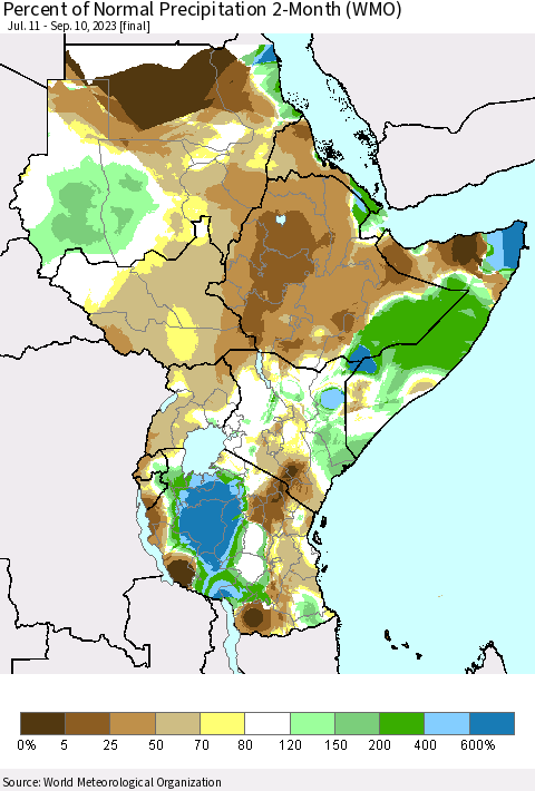 Eastern Africa Percent of Normal Precipitation 2-Month (WMO) Thematic Map For 7/11/2023 - 9/10/2023