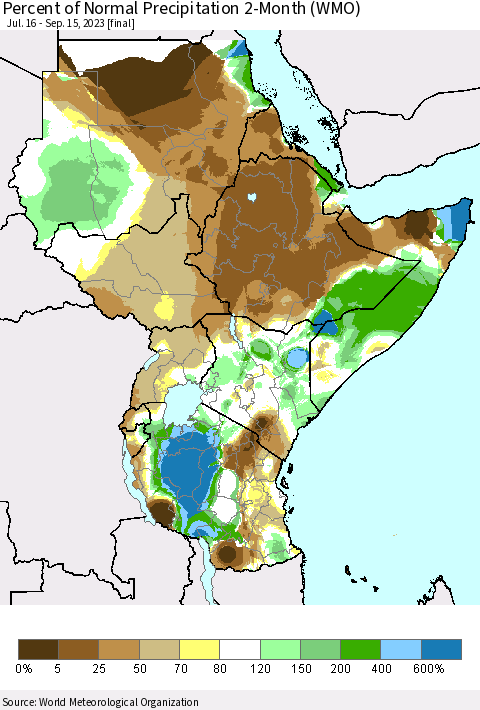Eastern Africa Percent of Normal Precipitation 2-Month (WMO) Thematic Map For 7/16/2023 - 9/15/2023
