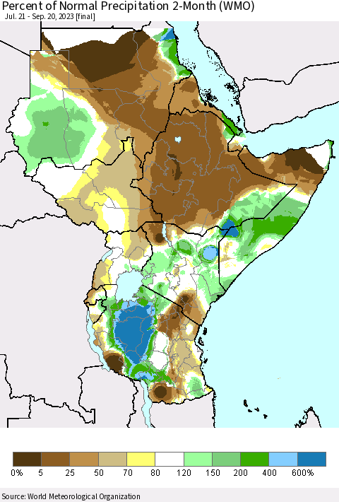 Eastern Africa Percent of Normal Precipitation 2-Month (WMO) Thematic Map For 7/21/2023 - 9/20/2023