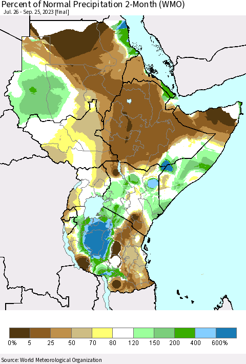 Eastern Africa Percent of Normal Precipitation 2-Month (WMO) Thematic Map For 7/26/2023 - 9/25/2023