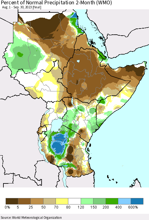 Eastern Africa Percent of Normal Precipitation 2-Month (WMO) Thematic Map For 8/1/2023 - 9/30/2023