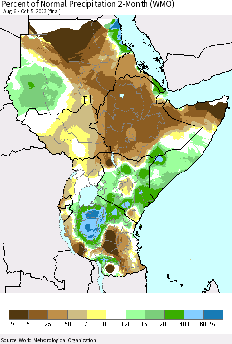 Eastern Africa Percent of Normal Precipitation 2-Month (WMO) Thematic Map For 8/6/2023 - 10/5/2023