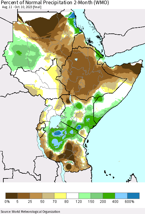 Eastern Africa Percent of Normal Precipitation 2-Month (WMO) Thematic Map For 8/11/2023 - 10/10/2023