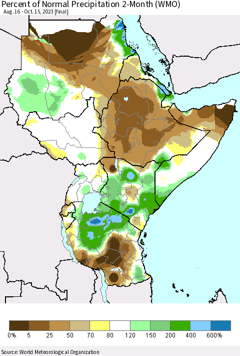 Eastern Africa Percent of Normal Precipitation 2-Month (WMO) Thematic Map For 8/16/2023 - 10/15/2023
