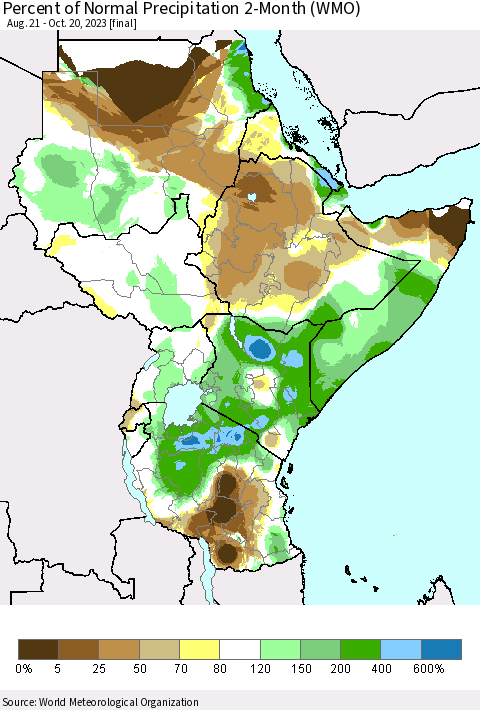 Eastern Africa Percent of Normal Precipitation 2-Month (WMO) Thematic Map For 8/21/2023 - 10/20/2023