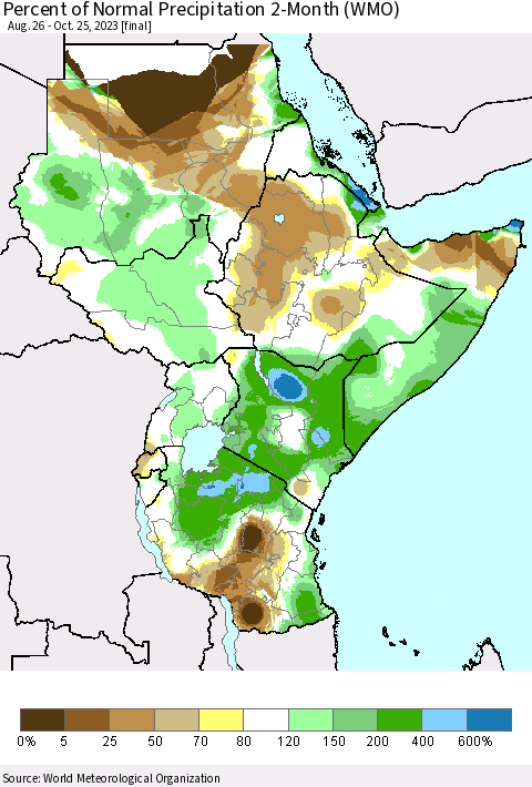 Eastern Africa Percent of Normal Precipitation 2-Month (WMO) Thematic Map For 8/26/2023 - 10/25/2023