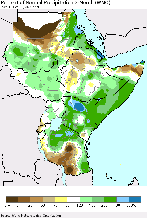 Eastern Africa Percent of Normal Precipitation 2-Month (WMO) Thematic Map For 9/1/2023 - 10/31/2023