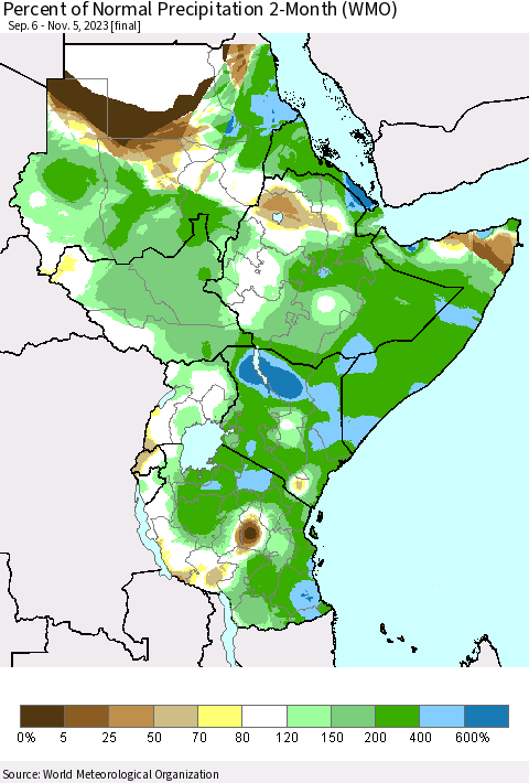 Eastern Africa Percent of Normal Precipitation 2-Month (WMO) Thematic Map For 9/6/2023 - 11/5/2023