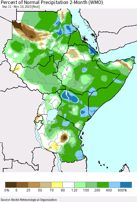 Eastern Africa Percent of Normal Precipitation 2-Month (WMO) Thematic Map For 9/11/2023 - 11/10/2023